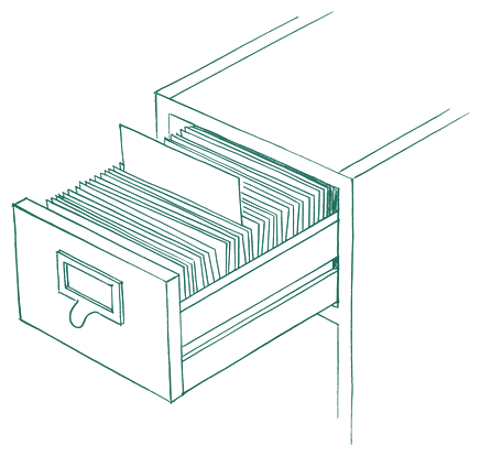 A line drawing of an open library card index drawer filled with upright index cards