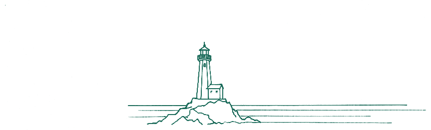 A line drawing of a lighthouse on a low rock, with three faint lines marking a calm horizon